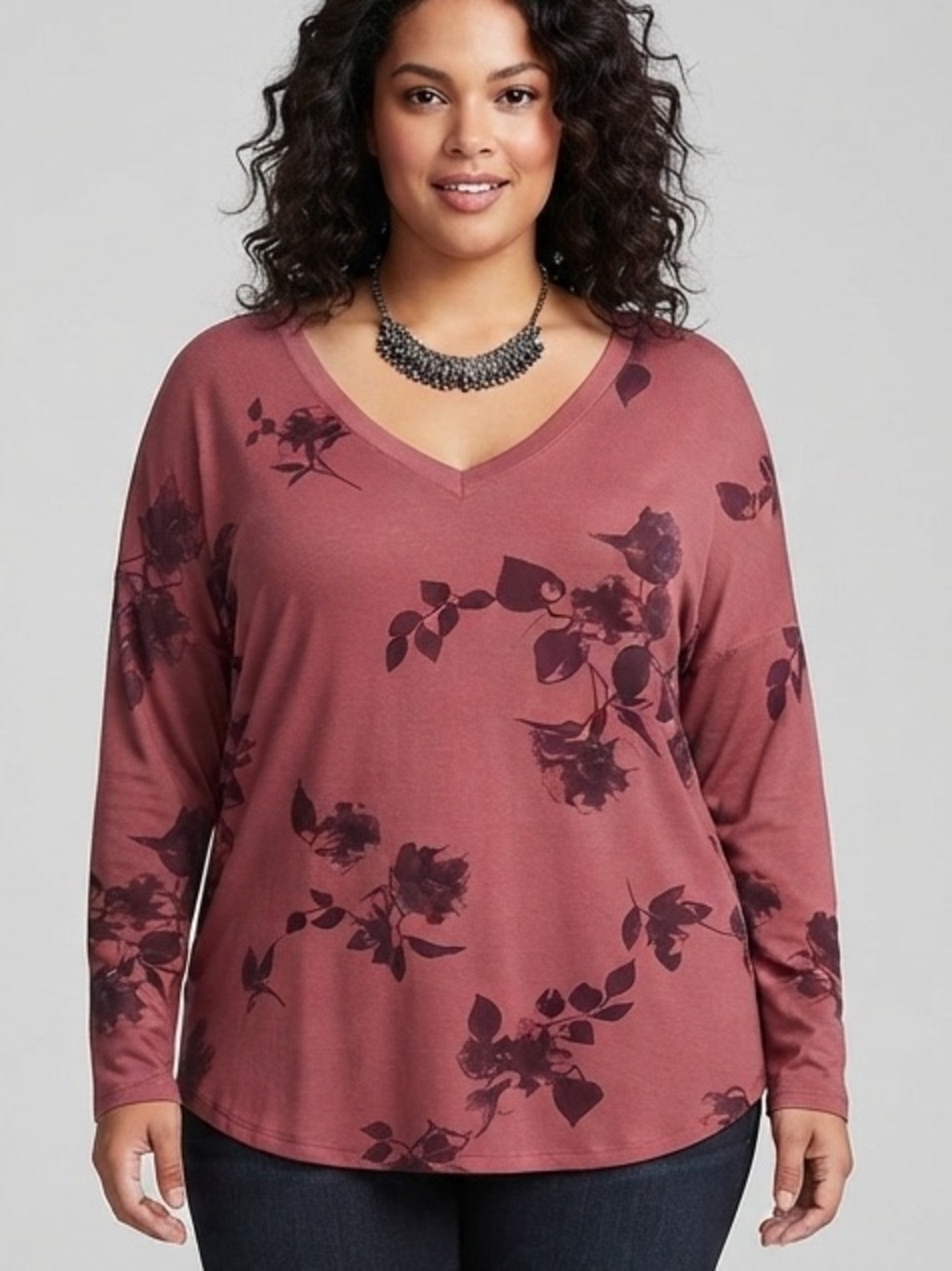 REITMANS Soft Rose V-Neck Long Sleeve Knit Floral Top size XL